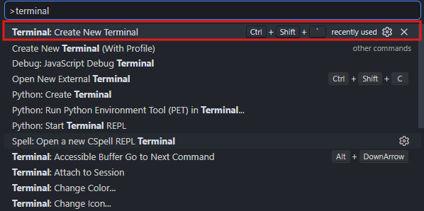 VS Code command palette with the Create New Terminal action