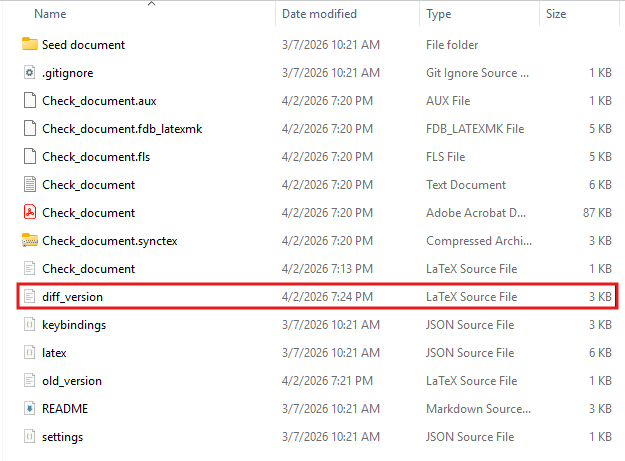 Project folder showing the generated diff_version file
