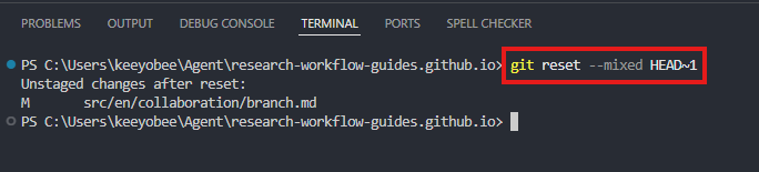 Terminal running git reset mixed HEAD one commit back