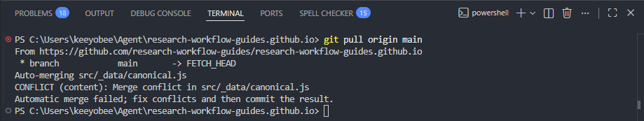 Terminal running git pull origin main while on another branch