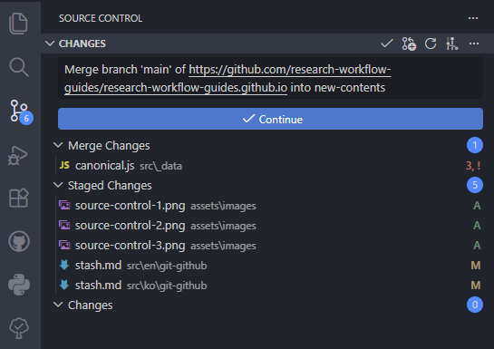 VS Code Source Control showing merge changes after pulling main into another branch