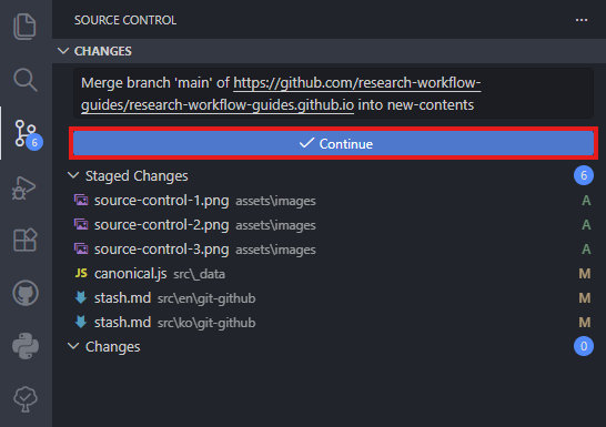 VS Code Source Control Continue button after staged merge changes