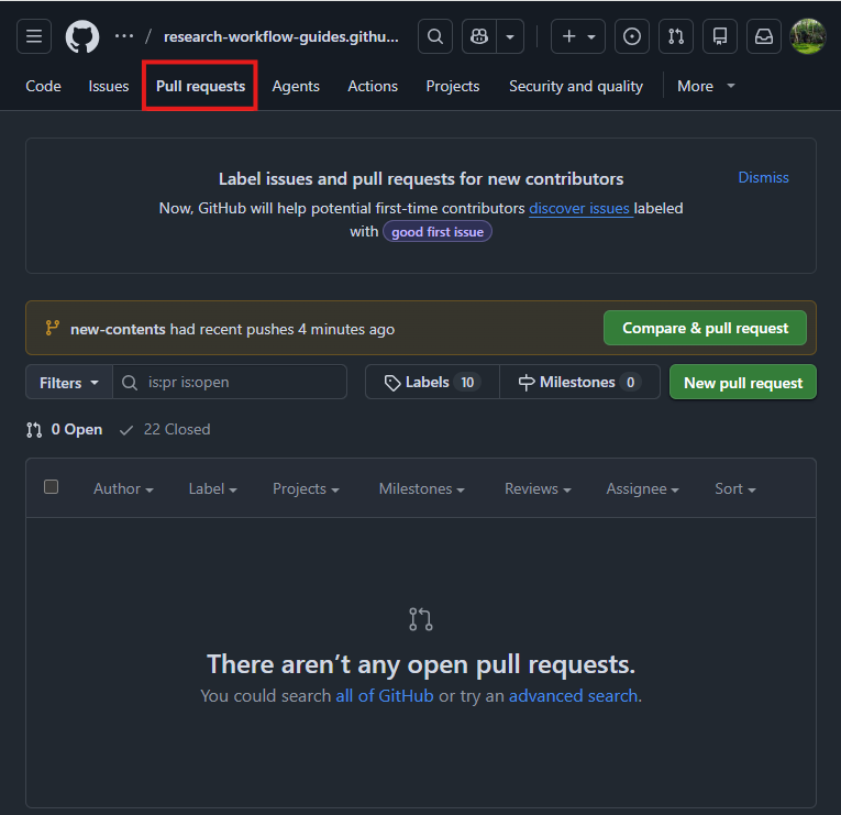 GitHub repository page showing a Compare and pull request button