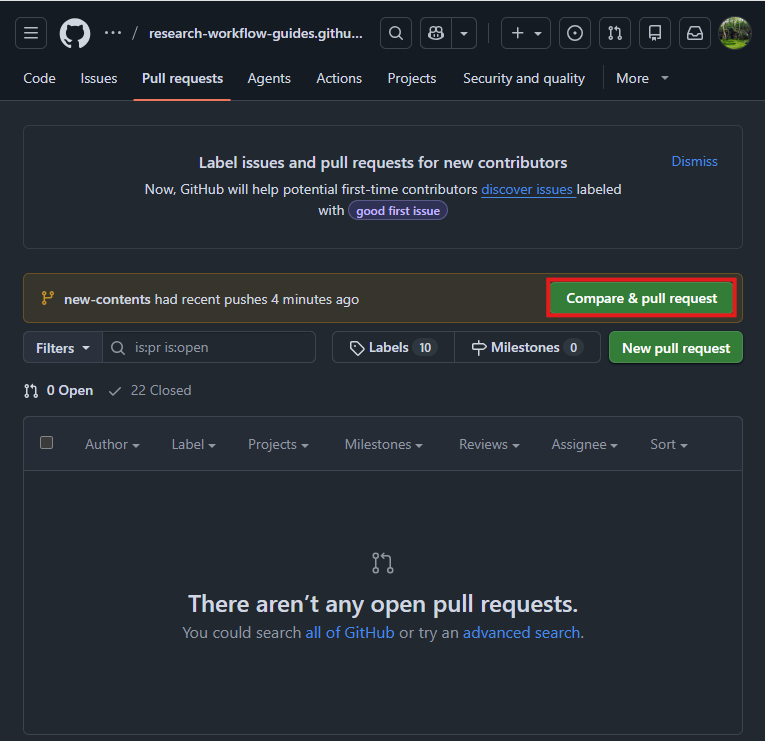 GitHub pull request comparison page showing base and compare branches