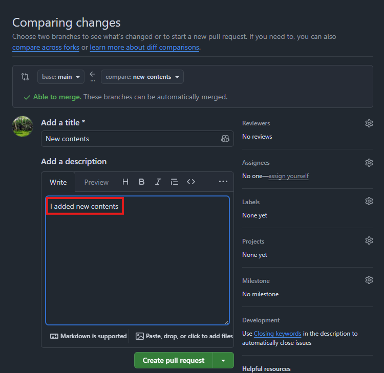 GitHub page for creating a pull request with title and description fields