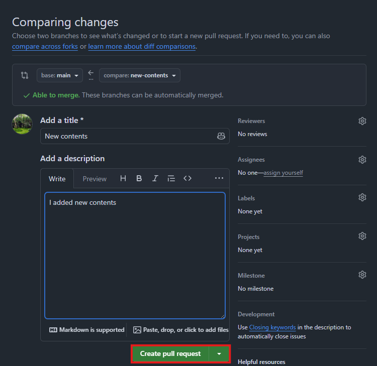 Created pull request page on GitHub