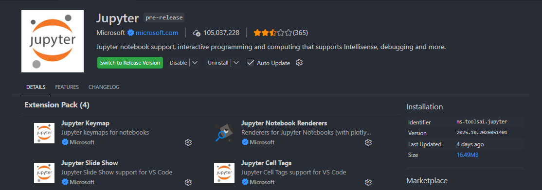 Jupyter extension for Visual Studio Code