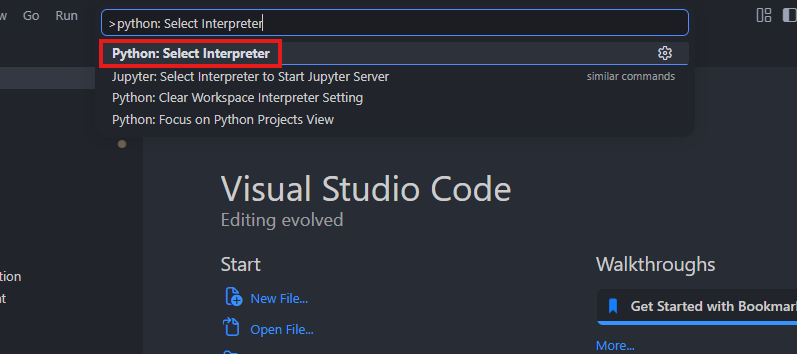 Python Select Interpreter command in the VS Code Command Palette