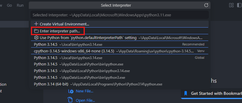 Enter interpreter path option in the VS Code interpreter picker
