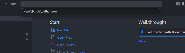 Typing the .venv Python executable path in VS Code