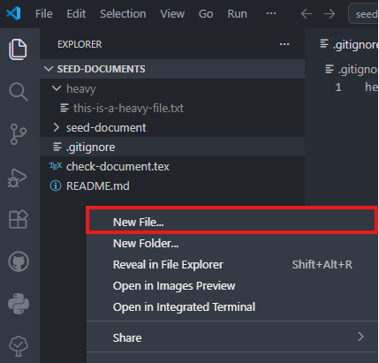 VS Code explorer menu for creating a new file