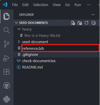 VS Code explorer showing a new reference.bib file
