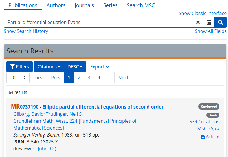 MathSciNet search results for a reference
