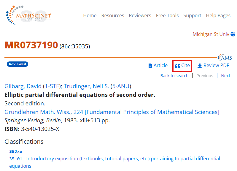 MathSciNet record page with the Cite button highlighted