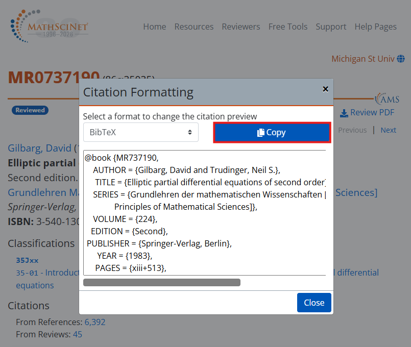 MathSciNet citation formatting dialog with BibTeX selected