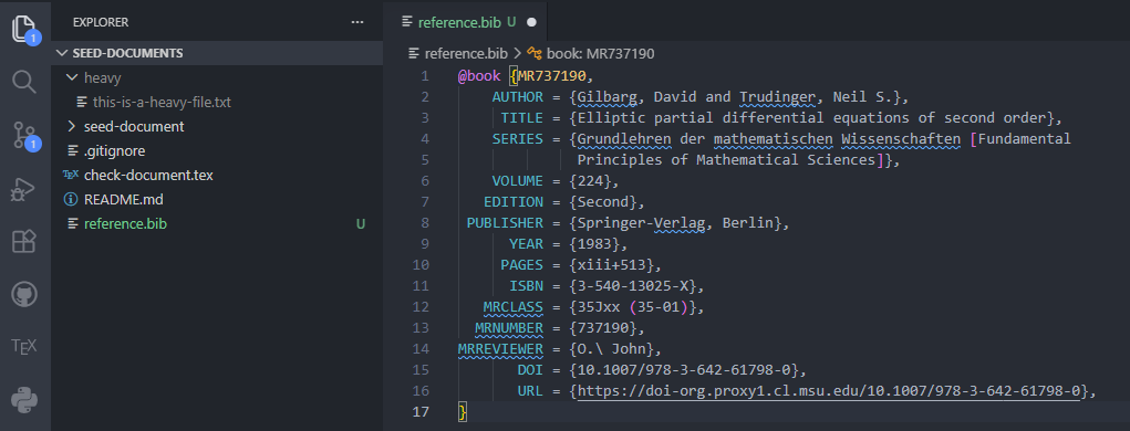 VS Code editor showing a BibTeX entry inside reference.bib