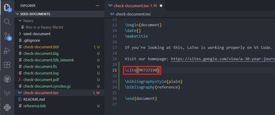 VS Code editor showing a citation command and bibliography commands in a tex file