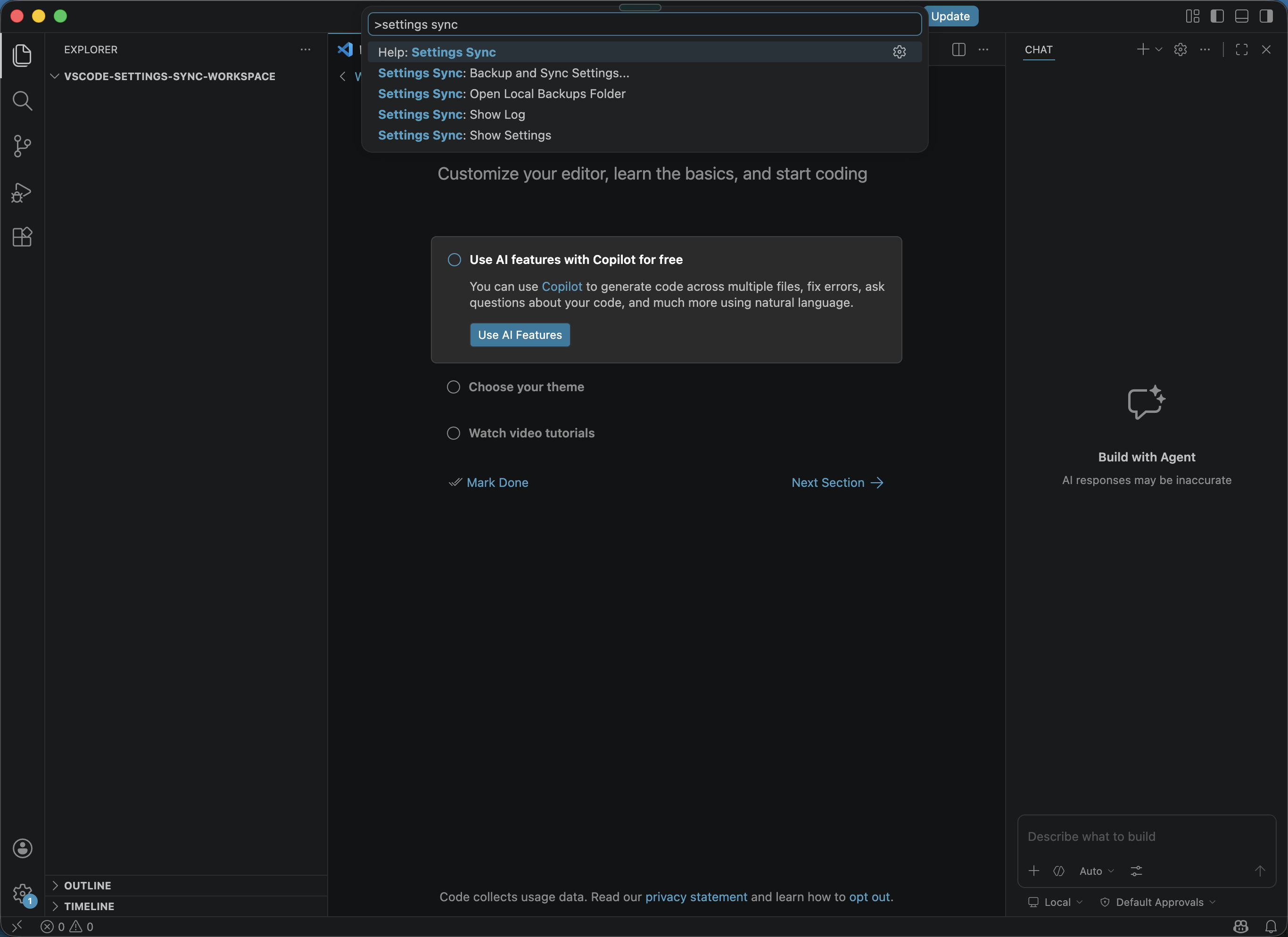 VS Code Command Palette showing Settings Sync Backup and Sync Settings