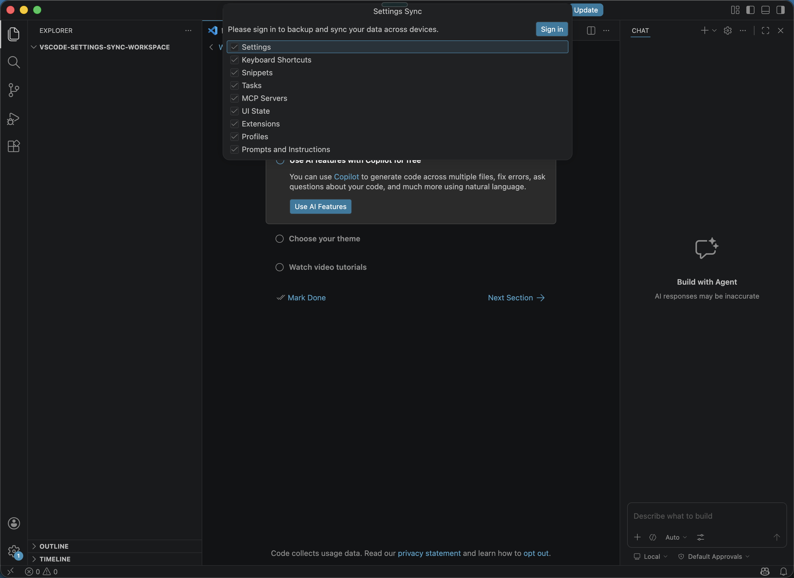 Example VS Code Settings Sync item list with default options checked