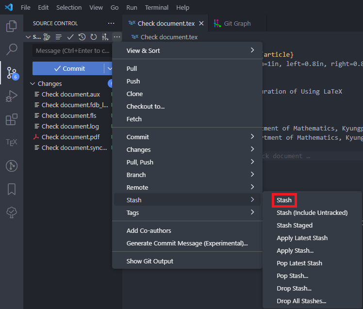 VS Code Source Control stash command