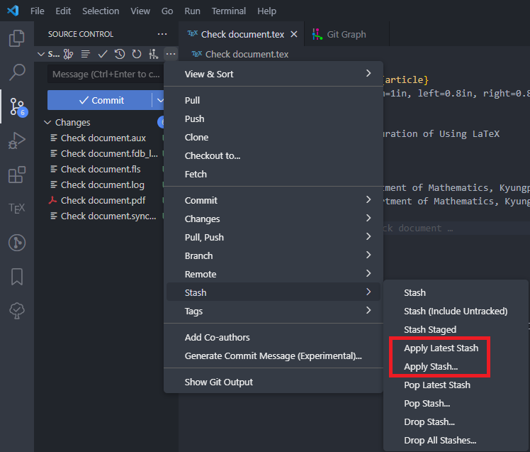 VS Code Source Control apply stash command